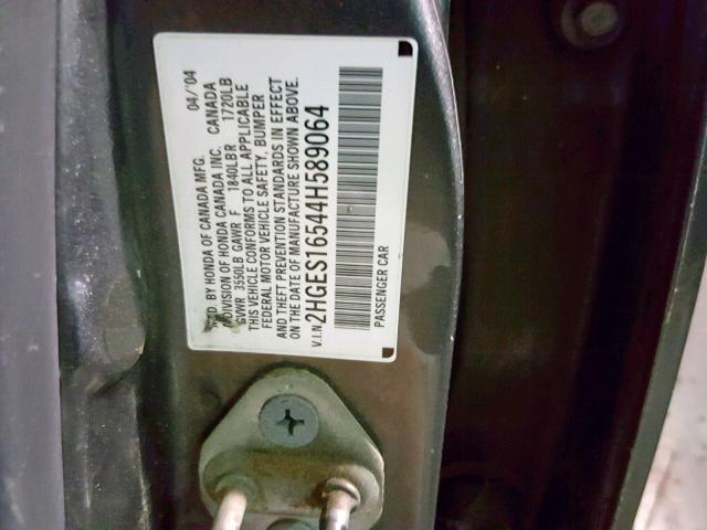 2HGES16544H589064 - 2004 HONDA CIVIC LX SILVER photo 10