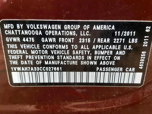 1VWAH7A33CC027661 - 2012 VOLKSWAGEN PASSAT S MAROON photo 10