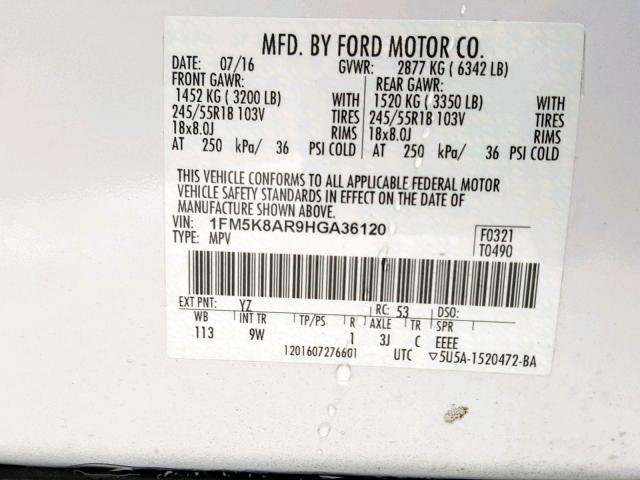 1FM5K8AR9HGA36120 - 2017 FORD EXPLORER P WHITE photo 10