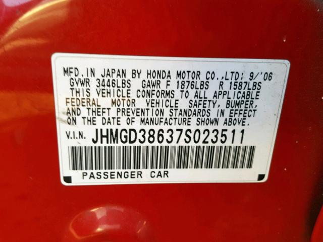 JHMGD38637S023511 - 2007 HONDA FIT S 红色 照片 10