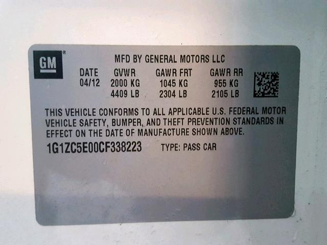 1G1ZC5E00CF338223 - 2012 CHEVROLET MALIBU 1LT 白色 照片 10