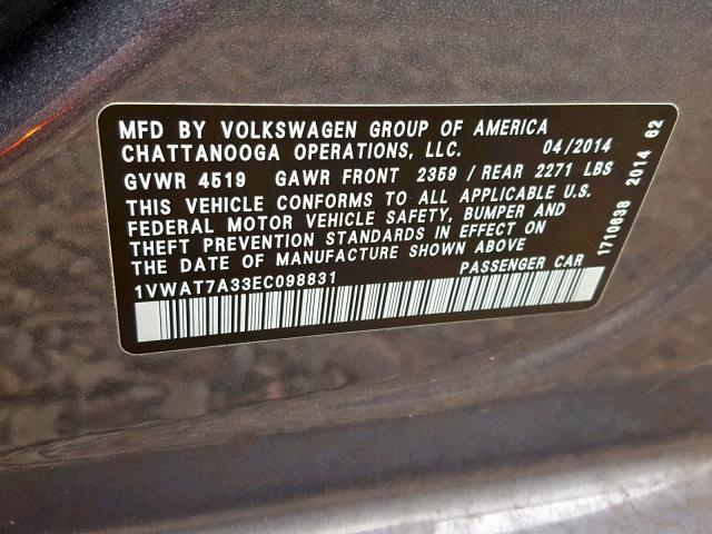 1VWAT7A33EC098831 - 2014 VOLKSWAGEN PASSAT S GRAY photo 10