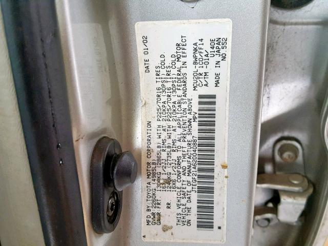 JTEGF21A620040887 - 2002 TOYOTA HIGHLANDER SILVER photo 10