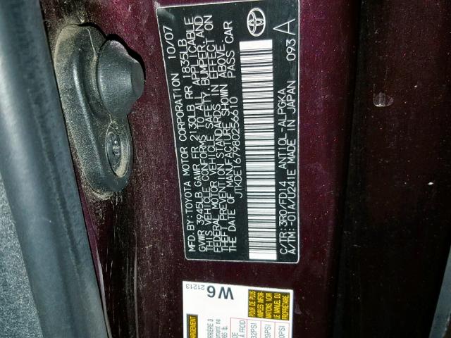 JTKDE167980256610 - 2008 TOYOTA SCION TC BURGUNDY photo 10