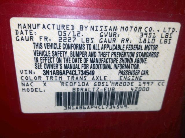 3N1AB6AP4CL734549 - 2012 NISSAN SENTRA 2.0 RED photo 10