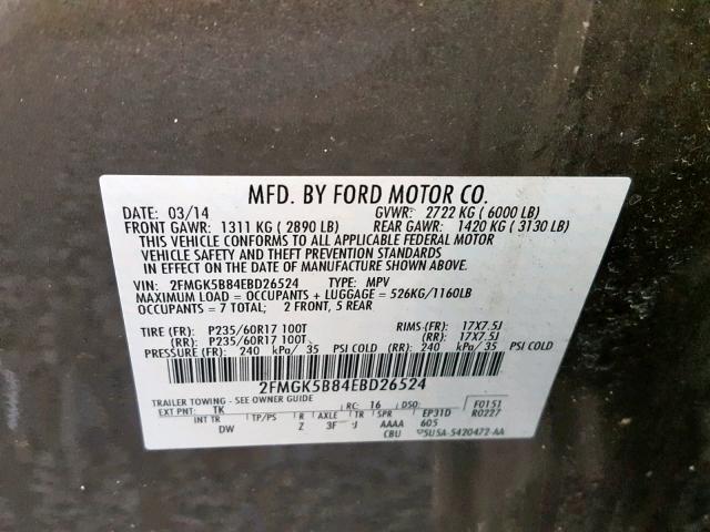 2FMGK5B84EBD26524 - 2014 FORD FLEX SE GRAY photo 10