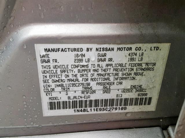 1N4BL11E95C279198 - 2005 NISSAN ALTIMA SE SILVER photo 10