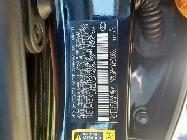 JTHBB1BA1A2034922 - 2010 LEXUS HS 250H BLACK photo 10