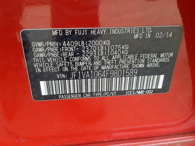 JF1VA1G64F9801589 - 2015 SUBARU WRX LIMITE RED photo 10