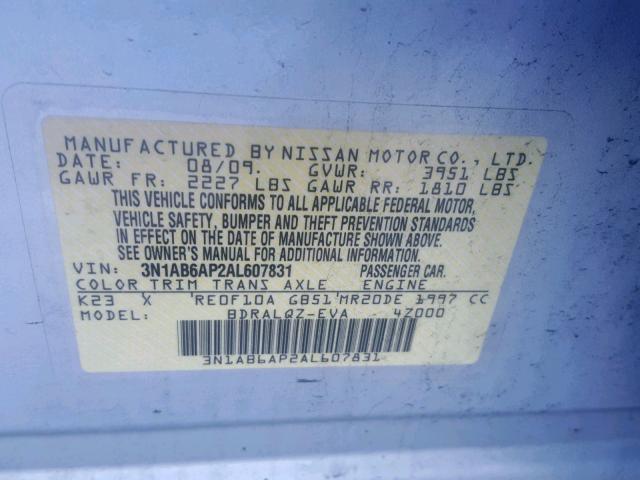 3N1AB6AP2AL607831 - 2010 NISSAN SENTRA 2.0 SILVER photo 10