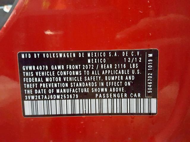 3VW2K7AJ6DM253679 - 2013 VOLKSWAGEN JETTA BASE Կարմիր լուսանկար 10