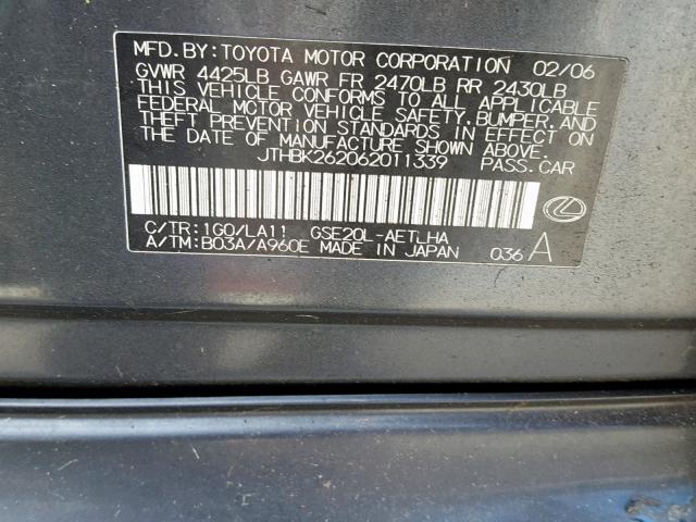 JTHBK262062011339 - 2006 LEXUS IS 250 CHARCOAL photo 10