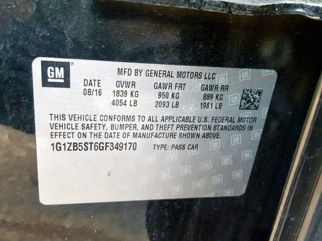 1G1ZB5ST6GF349170 - 2016 CHEVROLET MALIBU LS BLACK photo 10