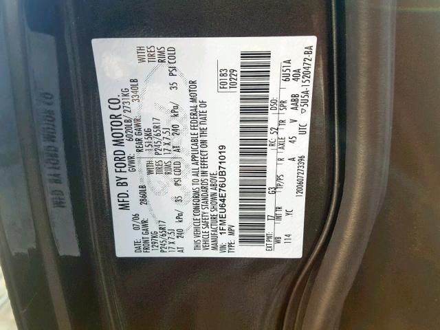 1FMEU64E76UB71019 - 2006 FORD EXPLORER E BROWN photo 10