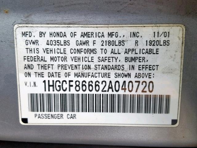 1HGCF86662A040720 - 2002 HONDA ACCORD VAL SILVER photo 10