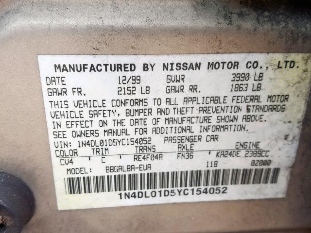 1N4DL01D5YC154052 - 2000 NISSAN ALTIMA XE GOLD photo 10