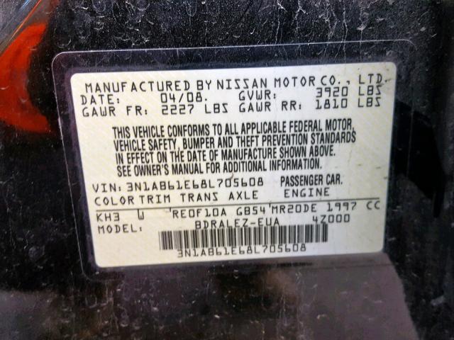 3N1AB61E68L705608 - 2008 NISSAN SENTRA 2.0 BLACK photo 10