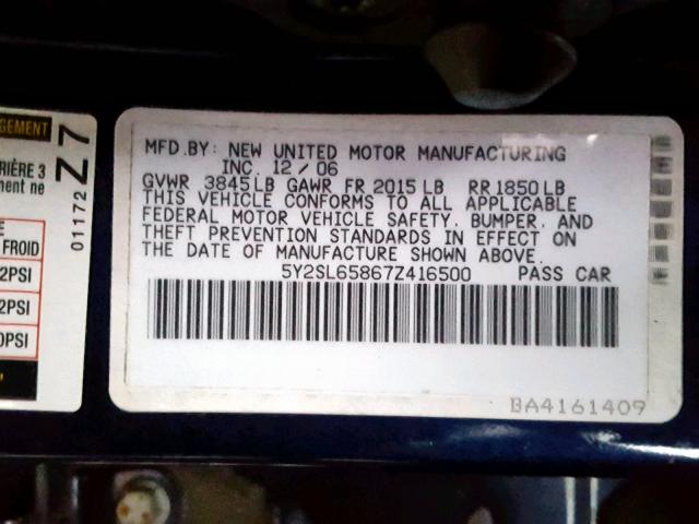 5Y2SL65867Z416500 - 2007 PONTIAC VIBE BLUE photo 10