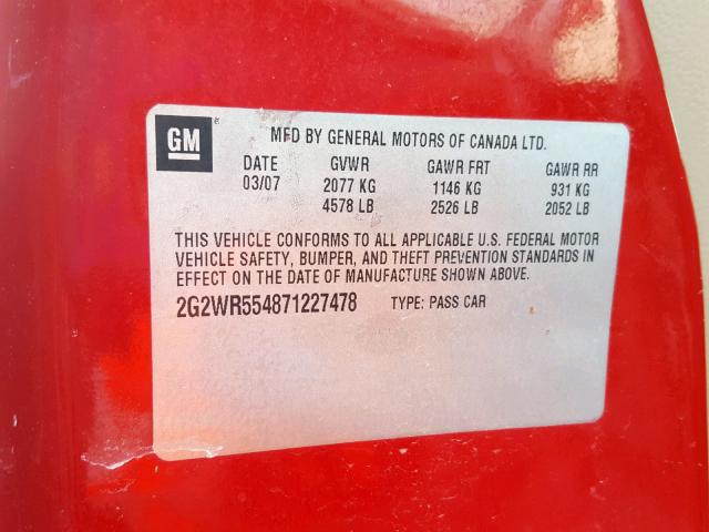 2G2WR554871227478 - 2007 PONTIAC GRAND PRIX RED photo 10