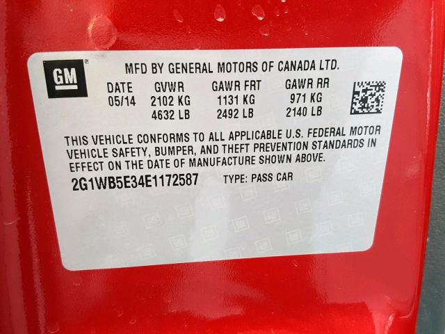 2G1WB5E34E1172587 - 2014 CHEVROLET IMPALA LIM RED photo 10