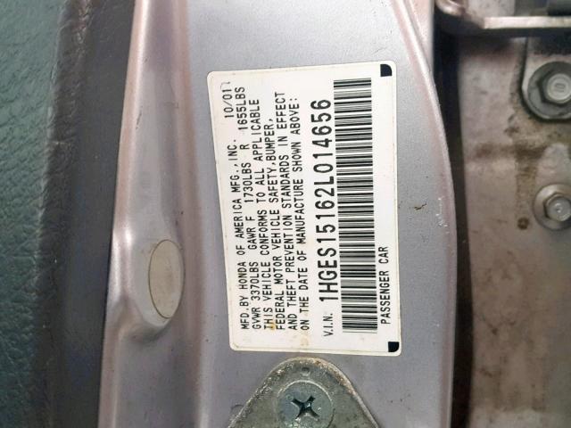 1HGES15162L014656 - 2002 HONDA CIVIC DX SILVER photo 10