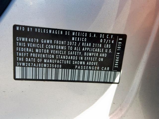 3VW2K7AJ8EM335608 - 2014 VOLKSWAGEN JETTA BASE Արծաթագույն լուսանկար 10