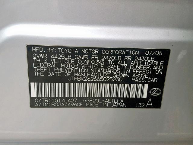 JTHBK262665025230 - 2006 LEXUS IS 250 SILVER photo 10