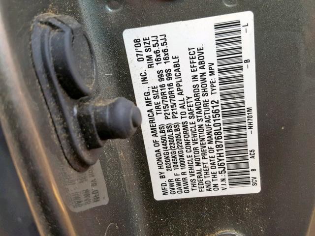 5J6YH18768L015612 - 2008 HONDA ELEMENT EX GRAY photo 10