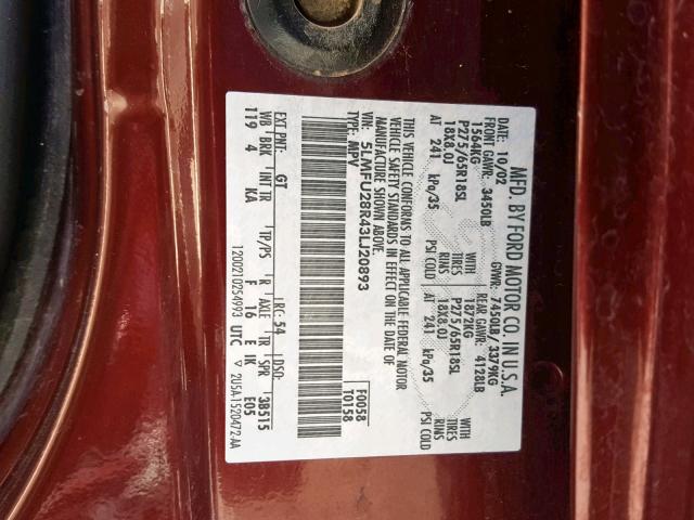 5LMFU28R43LJ20893 - 2003 LINCOLN NAVIGATOR 勃艮第红 照片 10