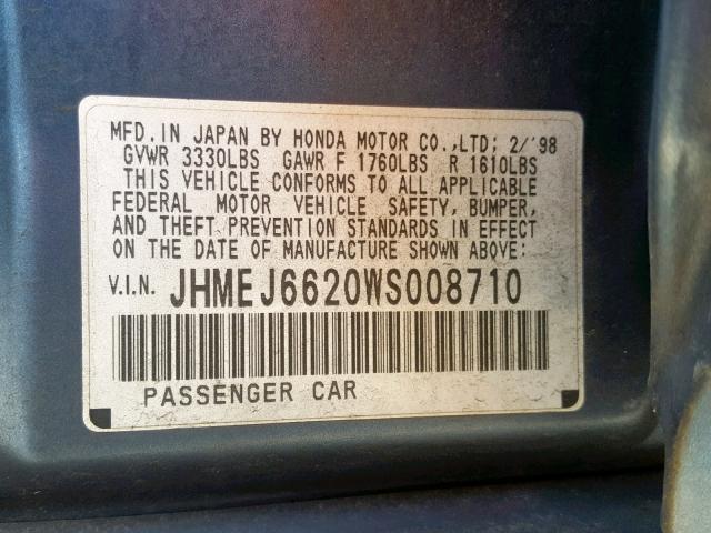 JHMEJ6620WS008710 - 1998 HONDA CIVIC DX BLUE photo 10