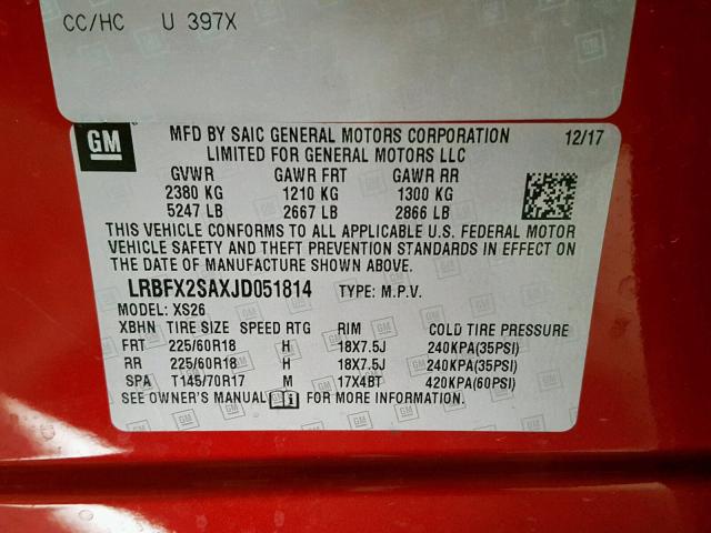 LRBFX2SAXJD051814 - 2018 BUICK ENVISION E RED photo 10