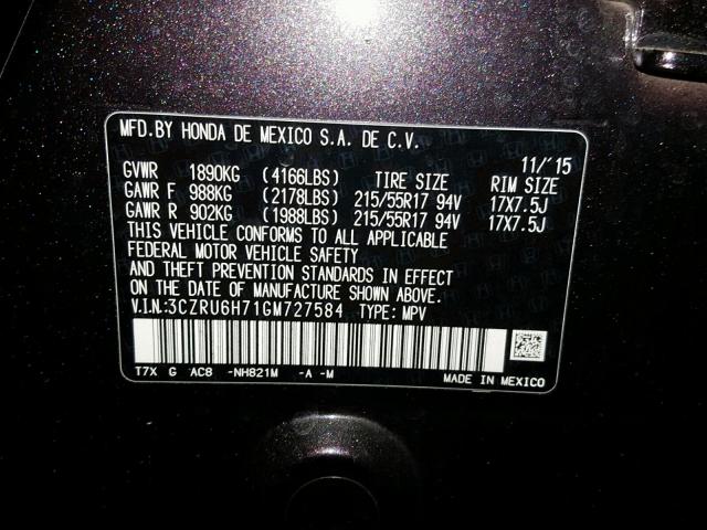 3CZRU6H71GM727584 - 2016 HONDA HR-V EXL BLACK photo 10