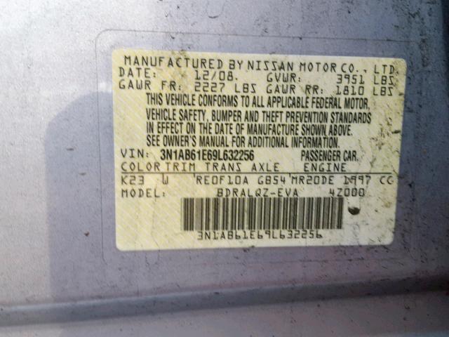 3N1AB61E69L632256 - 2009 NISSAN SENTRA 2.0 SILVER photo 10