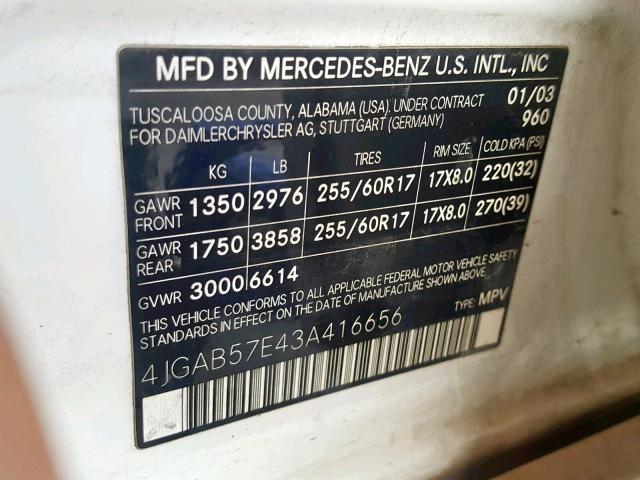 4JGAB57E43A416656 - 2003 MERCEDES-BENZ ML 350 WHITE photo 10