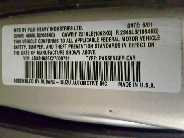 4S3BH635X27300781 - 2002 SUBARU LEGACY L SILVER photo 10