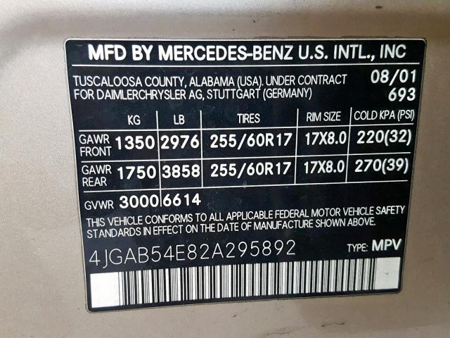 4JGAB54E82A295892 - 2002 MERCEDES-BENZ ML 320 GOLD photo 10