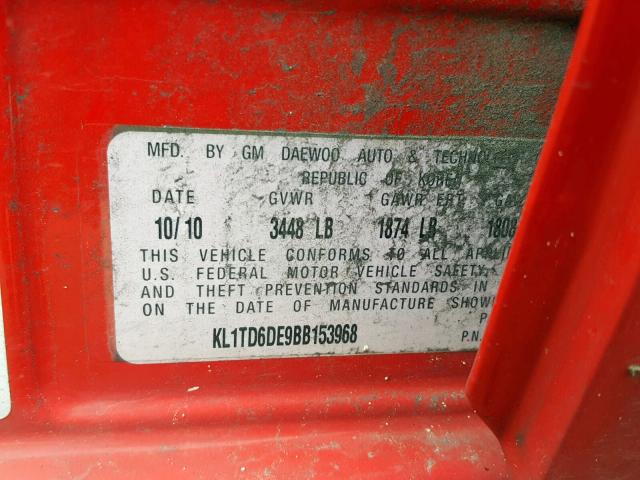 KL1TD6DE9BB153968 - 2011 CHEVROLET AVEO LS RED photo 10