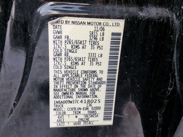 1N6AD09W37C418025 - 2007 NISSAN FRONTIER C BLACK photo 10