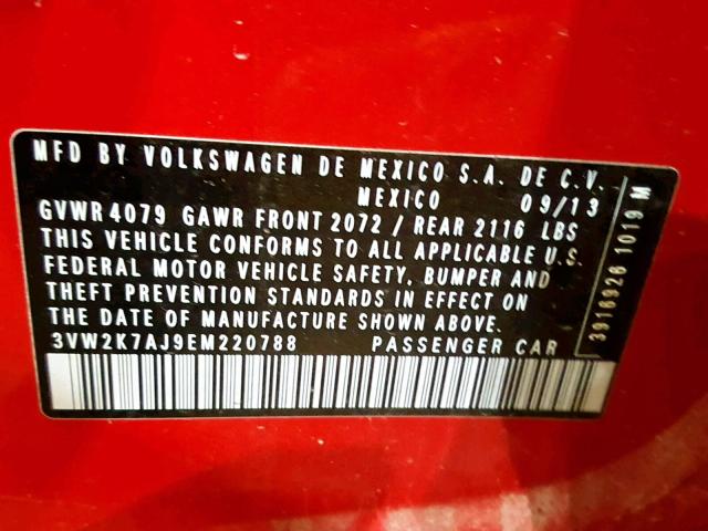 3VW2K7AJ9EM220788 - 2014 VOLKSWAGEN JETTA BASE 红色 照片 10