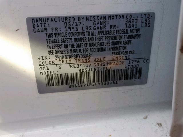 3N1AB7AP3HY330481 - 2017 NISSAN SENTRA S WHITE photo 10