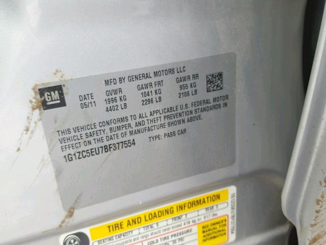 1G1ZC5EU7BF377554 - 2011 CHEVROLET MALIBU 1LT 银色 照片 10