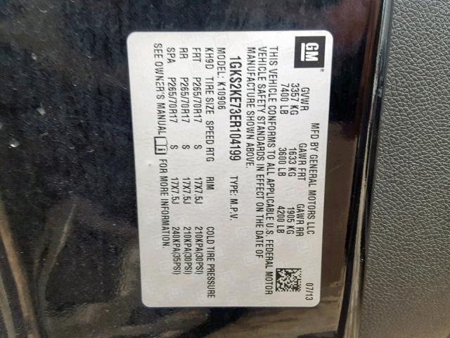 1GKS2KE73ER104199 - 2014 GMC YUKON XL K BLACK photo 10