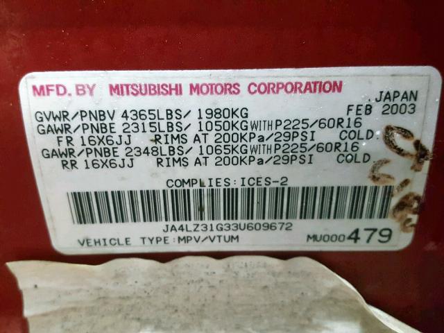 JA4LZ31G33U609672 - 2003 MITSUBISHI OUTLANDER RED photo 10