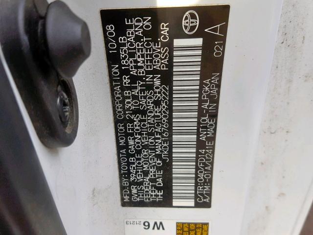 JTKDE167690295222 - 2009 TOYOTA SCION TC თეთრი ფოტო 10