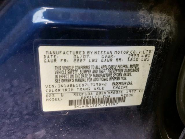 3N1AB61E87L719542 - 2007 NISSAN SENTRA 2.0 BLUE photo 10