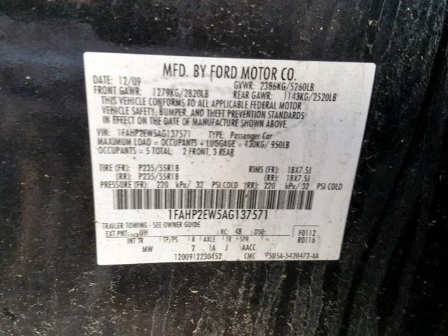 1FAHP2EW5AG137571 - 2010 FORD TAURUS SEL BLACK photo 10