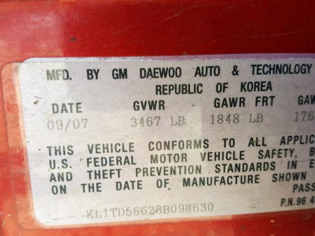 KL1TD56628B098630 - 2008 CHEVROLET AVEO BASE წითელი ფოტო 10