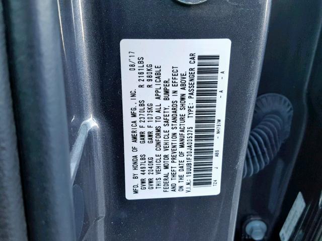 19UUB1F30JA005375 - 2018 ACURA TLX GRAY photo 10