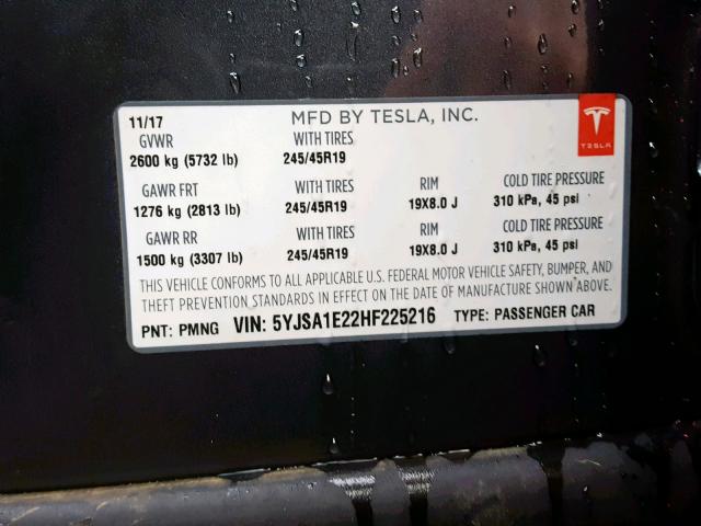 5YJSA1E22HF225216 - 2017 TESLA MODEL S GRAY photo 10