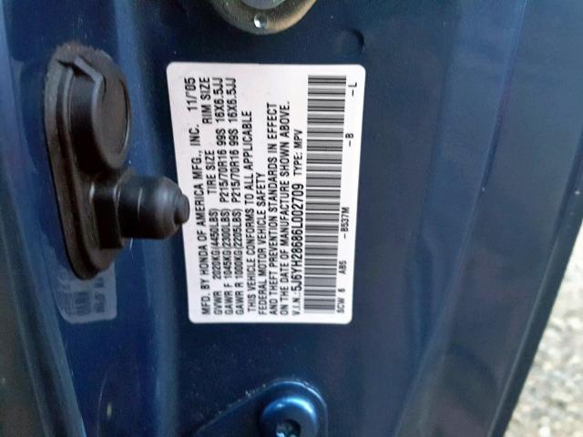 5J6YH28686L002709 - 2006 HONDA ELEMENT EX BLUE photo 10